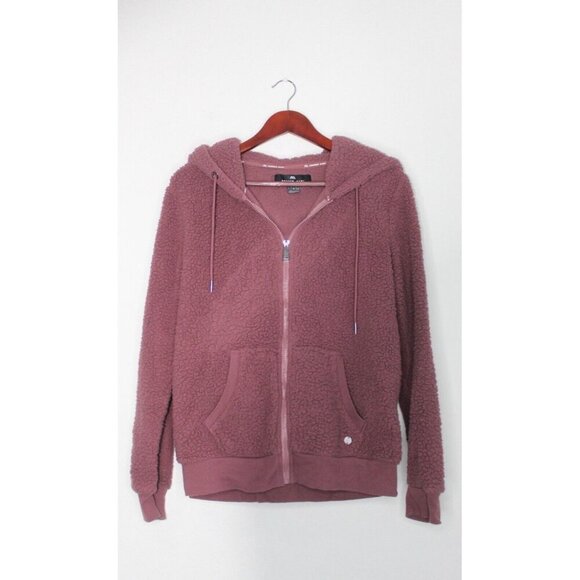 Andrew Marc New York Dark Mauve Sherpa Teddy Zip Up Hoodie Jacket Womens L - Picture 1 of 9